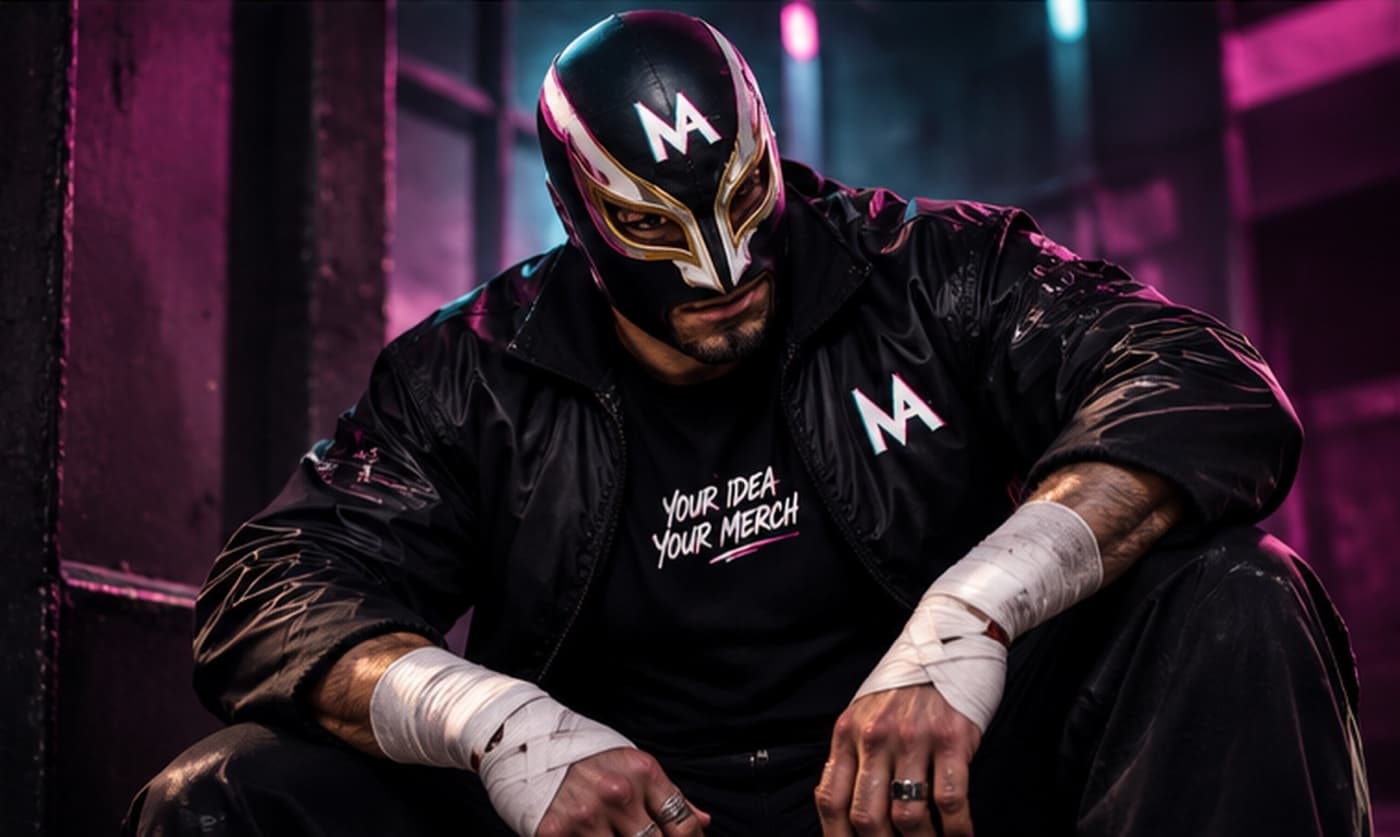 Luchador wearing MerchAwesome Drop 001: Bomber · tee · custom mask