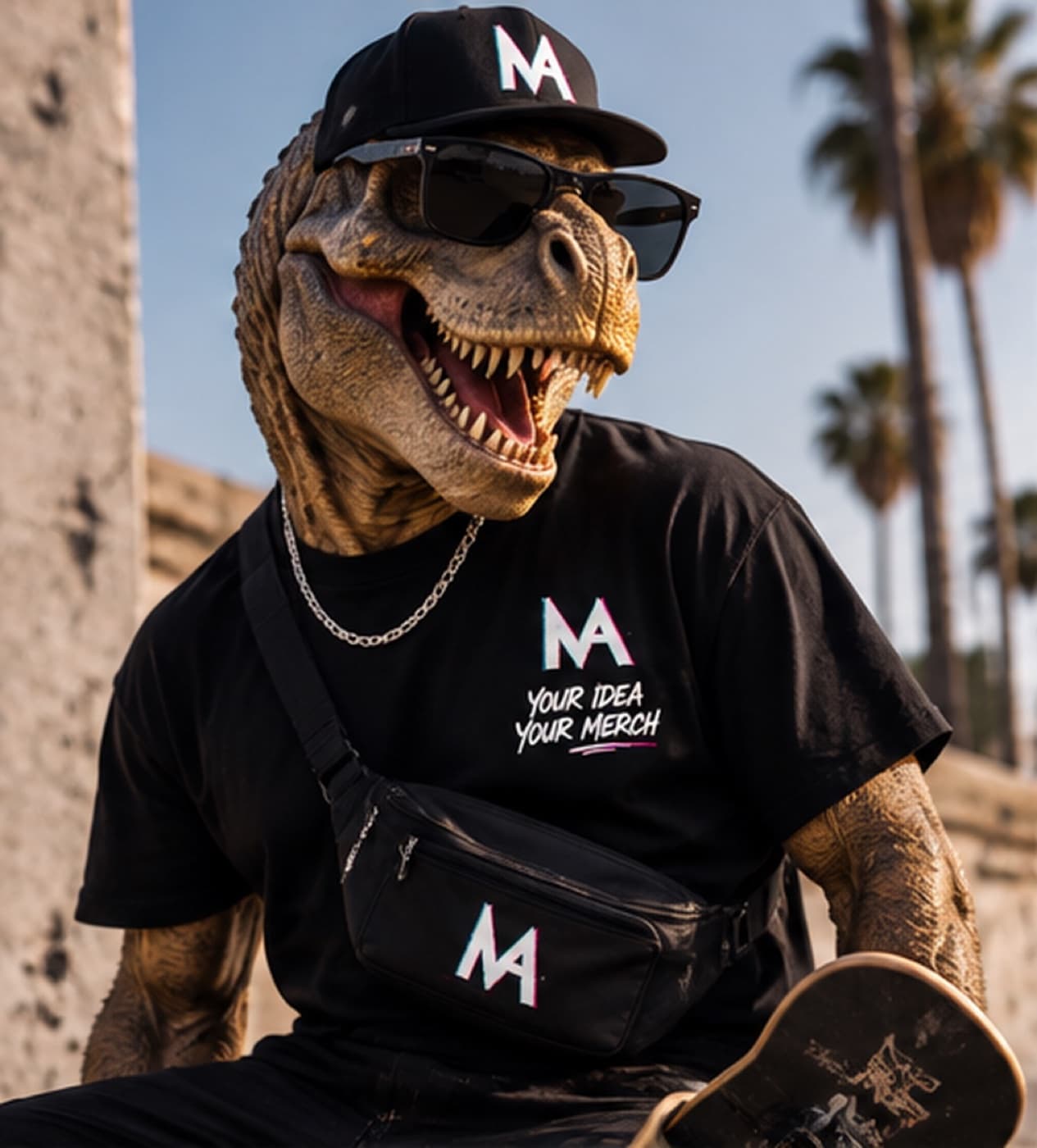 T-Rex wearing MerchAwesome Drop 001: Tee · 6-panel cap · fanny pack